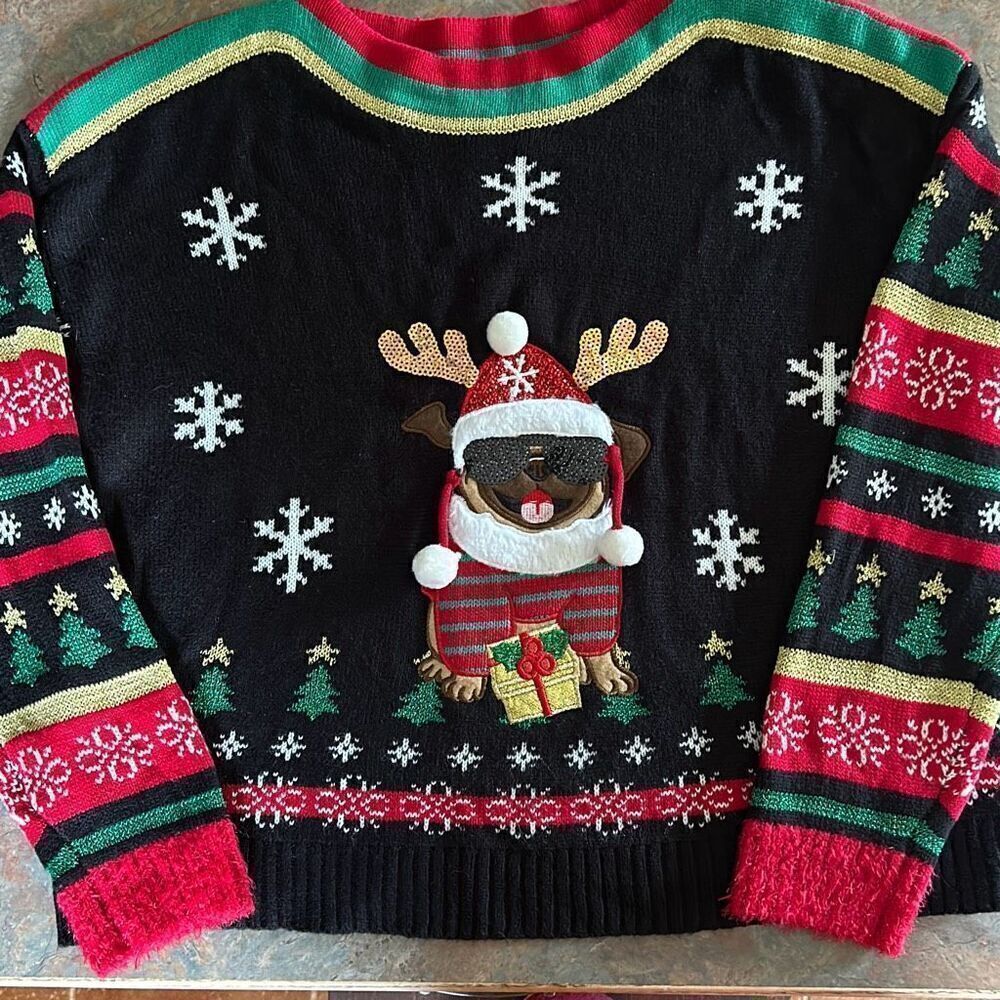 Blizzard Bay Christmas Pug Dog Sweater Medium Ugly Christmas Sweater